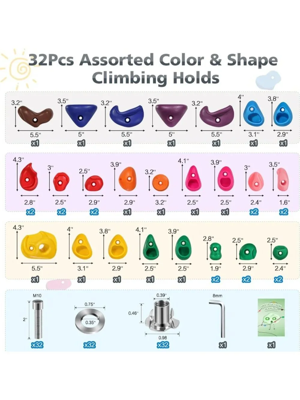 New 32Pcs Rock Climbing Holds for Kids, Climbing Wall Grips for Playground